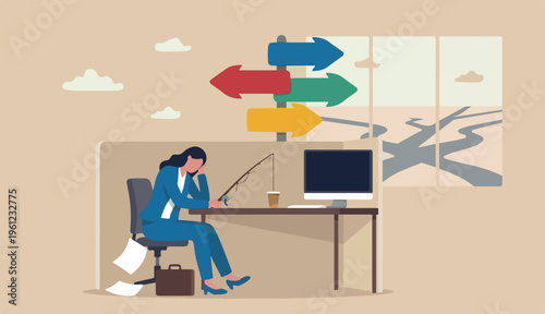  Fail to opportunity, uninspired employee creativity, motivation, corporate success challenge, bored or woman blindly sit fishing wrong at ignore success opportunity.