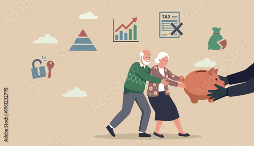 Protect retirement pension money fraud, Ponzi in to scheme cost tax that impact retiree investment fund concept, senior grandparent couple pull back their piggy bank to money thief hand