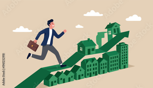  Real estate market price rising up chart, homebuyer or property investment concept, businessman homebuyer real estate agent happy running on rising up house and building green graph and chart
