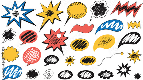 Colorful comic book style speech bubbles and sound effects cartoon