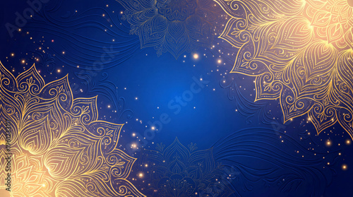 Elegant gold mandala background on royal blue, luxury ornamental floral pattern with glowing sparkles, decorative ethnic frame for invitations