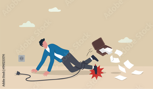 Failure or mistake, accident or surprise problem that impact business concept, clumsy businessman stumble with power cable electric plug falling on the floor