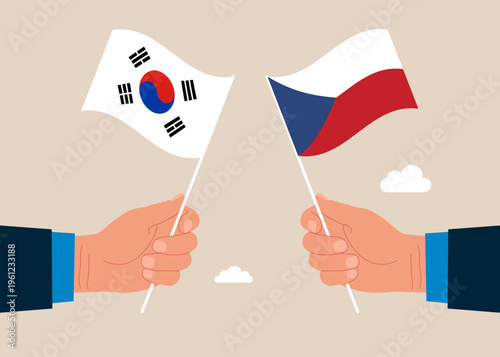 Bilateral political relations. Two flags of friendship. Businesspeople united between South Korea and its friendly countries Czech Republic. Flat vector illustration.