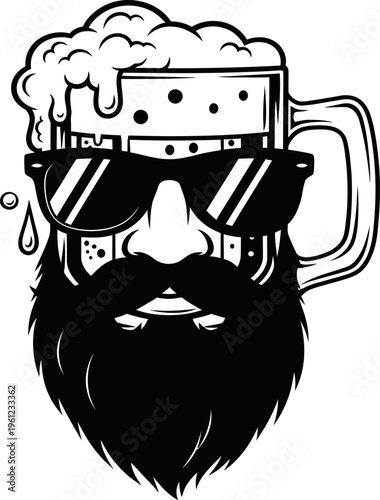 Illustration of a bearded man with a beer mug on his head