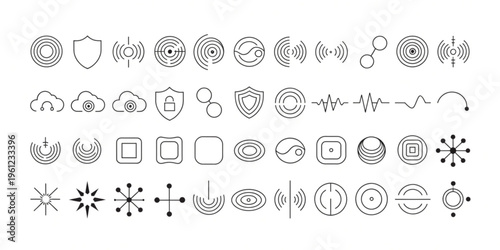 Graphic designer creates various icons and symbols for technology and communication.