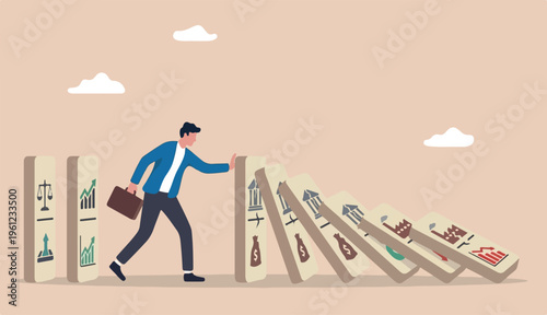 Stop loss or effort to avoid market crash banking collapse, economic recession, problem prevention, help rescue concept, businessman hand stop domino effect financial chain reaction collapse