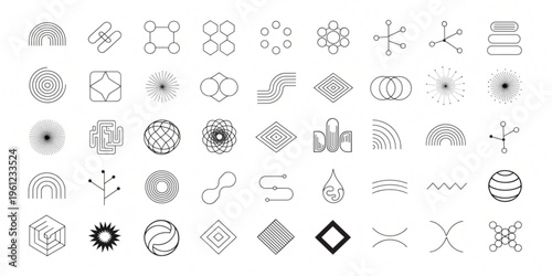 Geometric shapes and symbols arranged in rows on a plain surface