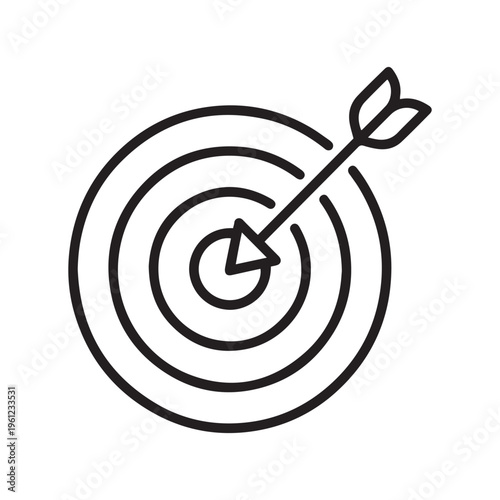 A minimalist black and white line art illustration representing accuracy, success, and goal achievement with an arrow hitting the bullseye.