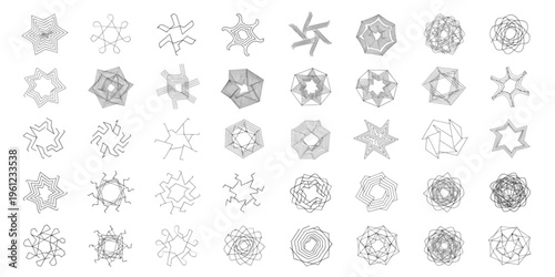 A collection of various gray snowflakes and stars illustrations on a white background