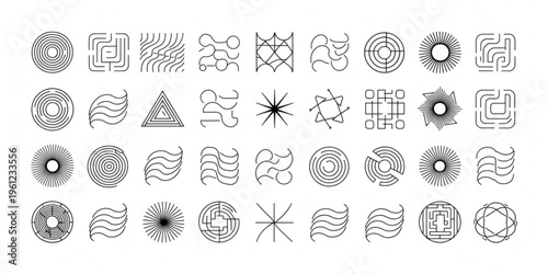 Geometric shapes arranged in rows on a white background