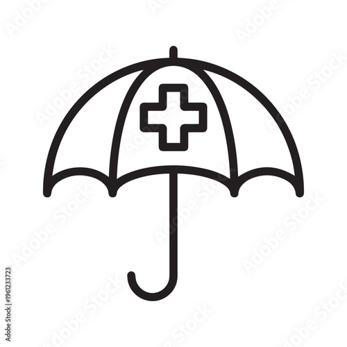 Vector Outline Icon of an Open Umbrella with a Medical Cross, Symbolizing Health Insurance, Healthcare Protection, and Medical Coverage.