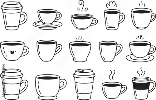 Set of various hand-drawn coffee cups and mugs with steam in doodle style isolated on background. Vector illustration