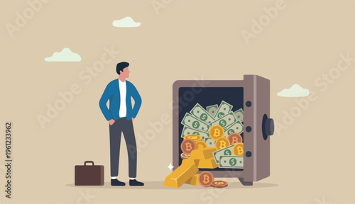 Alternative financial assets, crypto currency bitcoin, cash gold investment retirement plan concept, businessman investor standing security safe full cash, gold bitcoin inside