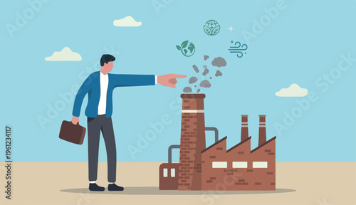 Reduce factory pollution help stop climate into change global warming, ecology carbon dioxide sustainability concept, business leader finger block, stop clog factory chimney