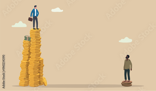 Economic inequality gap unfairness income, different money people being paid concept, white rich businessman standing on high salary coins tower with poor black man on low coins stack