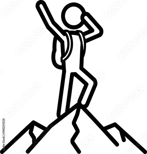 Triumphant figure standing on mountain peak with arms raised