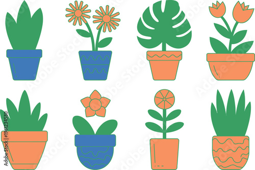Assortment of potted plants and flowers in colorful decorative pots cartoonish outline style. Vector illustration