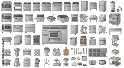 Commercial Kitchen Equipment, Restaurant Appliances, Stainless Steel, Catering Tools, Cooking Equipment Vector Set for Food Service, Industrial Culinary Workspace Illustration