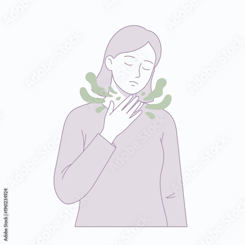 Woman suffering from sore throat and discomfort.