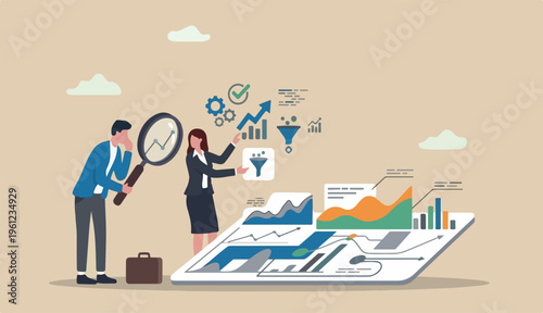 Data analysis and optimization for SEO, marketing research user customer behavior, analyze business trend concept, business people using magnifier and optimize tools analyze chart graph