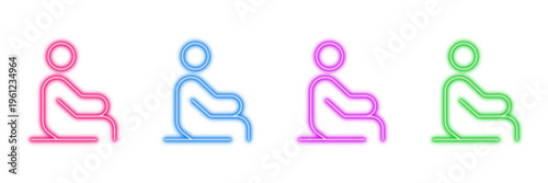 Neon glowing seated person vector icons set, waiting, passenger, public transport, accessible, pictogram, symbol, vibrant colorful digital design on transparent background.