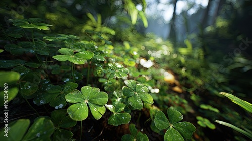 forest clover patch soft sunlight festive background