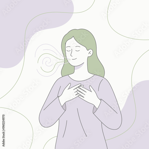 Woman taking deep breath with hands on chest feeling calm.