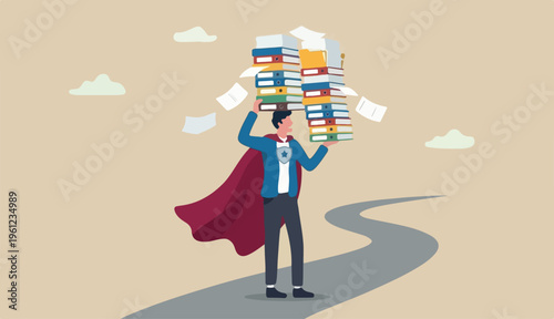 Handle busy work, manage workload complete multitasks deadline organize paperwork documents, effective productive concept, businessman superhero carry to paperwork documents.