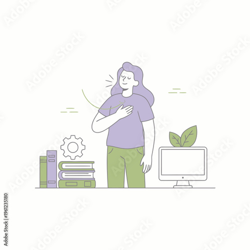 Woman with hand on chest feeling relief and peace.
