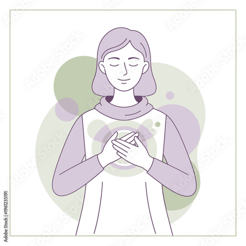 Woman with hands on chest feeling gratitude and peace.