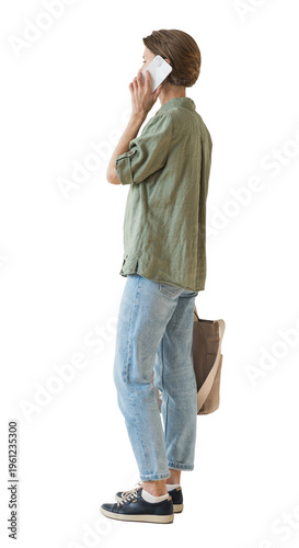 Принти на полотні Full length portrait of young woman standing and talking on mobile phone isolated transparent PNG, student girl full body photo PNG with transparent background precisely cut out with clipping path