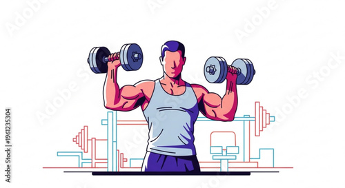 Muscular man lifting dumbbells in gym fitness and exercise concept with colorful illustration style