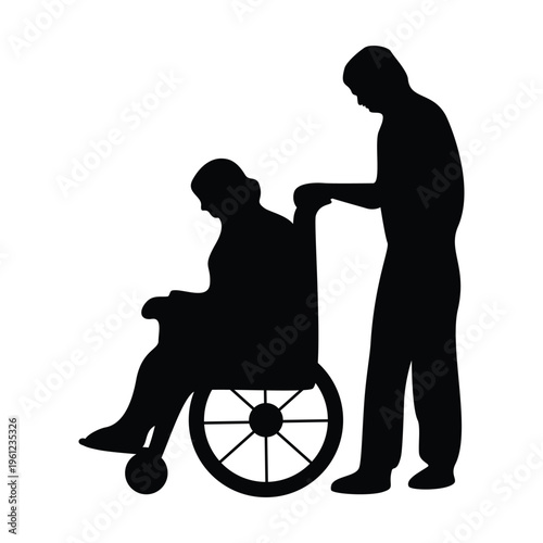 Silhouette of a person in a wheelchair being pushed by another person