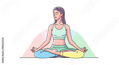 Woman in yoga pose sits in lotus position with eyes closed in meditation on colorful background
