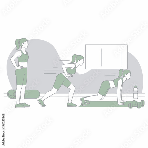 Women performing fitness exercises in a gym setting.