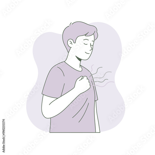 Young man with hand on chest feeling relief.