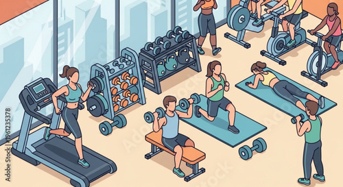 People exercising in a modern gym with various equipment and city view