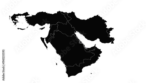 Black silhouette map of middle east region with country borders