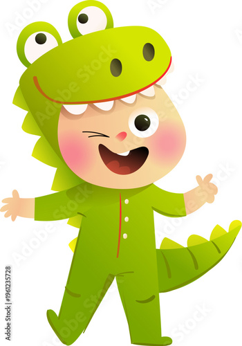 Child dressed in a green Dinosaur or Dino costume. Funny kids cartoon animal character for childhood celebrations and party. Vector illustration clip art for children entertainment