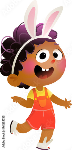 Fun little girl dressed up as an animal in a bunny costume. Funny cartoon kids rabbit character for childhood celebrations and costume party. Vector illustration clip art for children.