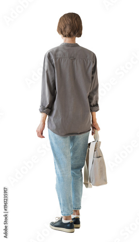 Canvastavla Full length portrait of young woman standing isolated transparent PNG, student girl full body photo PNG with transparent background precisely cut out with clipping path, back view