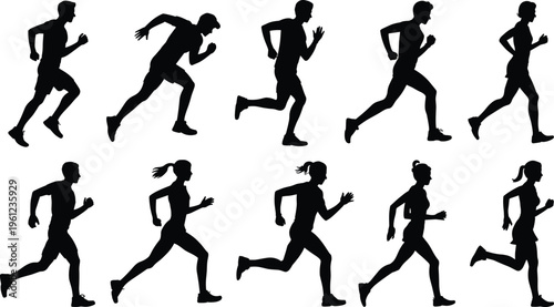 Running people silhouette vector set, male and female joggers collection, fitness training poses, marathon runners, sport activity illustration bundle