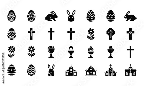 Easter vector icons set eggs bunnies crosses and symbols