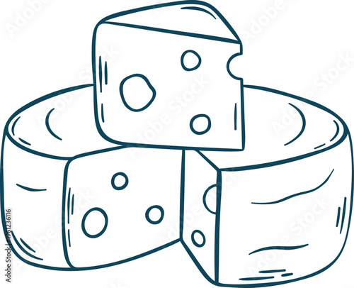 Mediterranean blue line doodle of a round cheese wheel. Minimalist dairy icon for cheese shops, restaurants or grocery branding