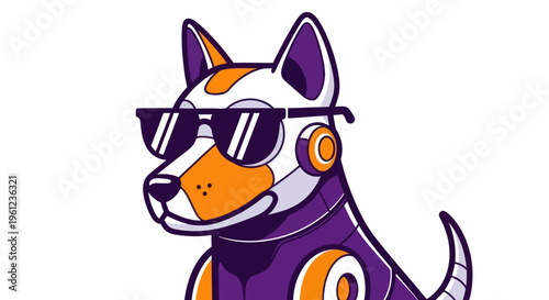 Stylized robotic dog wearing sunglasses on white background