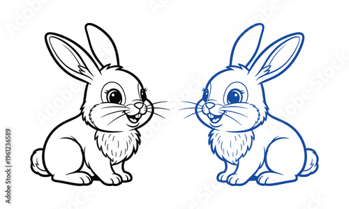 Vector illustration of two cute rabbits in black and blue outline