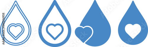 Four blue teardrop shapes with heart designs on a white background