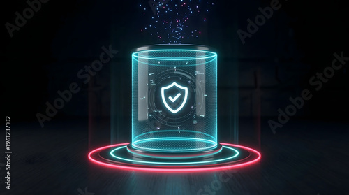 futuristic cyber security data protection shield icon in glowing blue neon digital cylinder storage with red light rings and particle effects for high tech network privacy safety