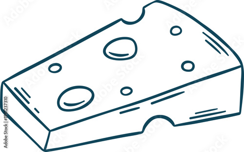 Hand-drawn cheese slice in simple blue line technique. Mediterranean-inspired sketch for cheese shop identity, snack branding or food illustrations
