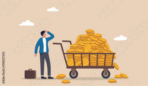 Success of on vestor, rich man making money from business or investment, income and revenue, budget, saving or profit concept,to rich and successful businessman with load of money golden coin in cart